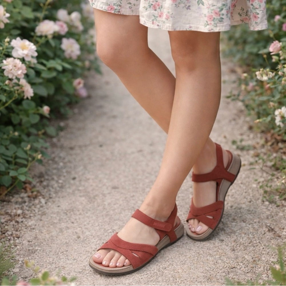 Merrell Barefoot Flicker Wrap Sandal Nubuck Leather Two Strap in Blushing Red
